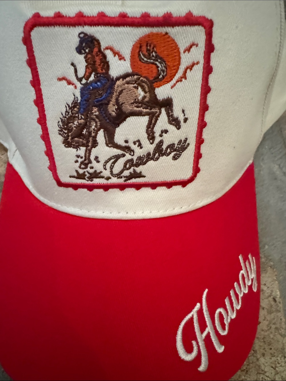 Howdy Cowboy Embroidered Trucker Hat - Red & Cream - Picture 4 of 4